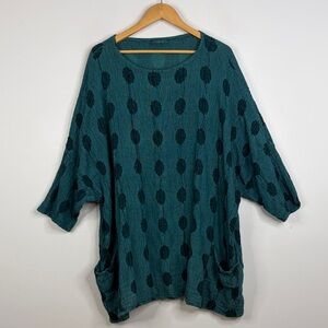 Cut Loose Tunic Womens One Size Teal Blue Linen Polka Dot Cotton Relaxed Fit